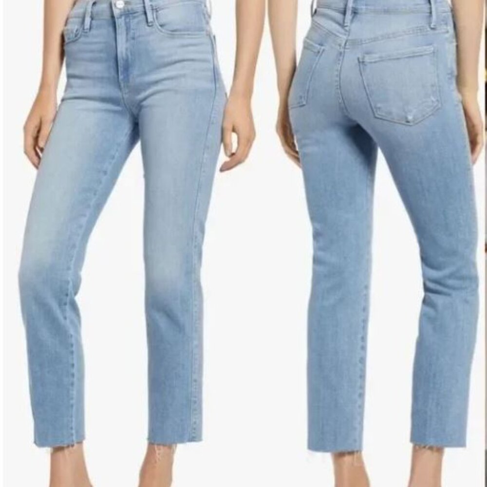 FRAME Le Sylvie Crop Jeans Women's Size 31 Light Wash Distressed Raw Hem